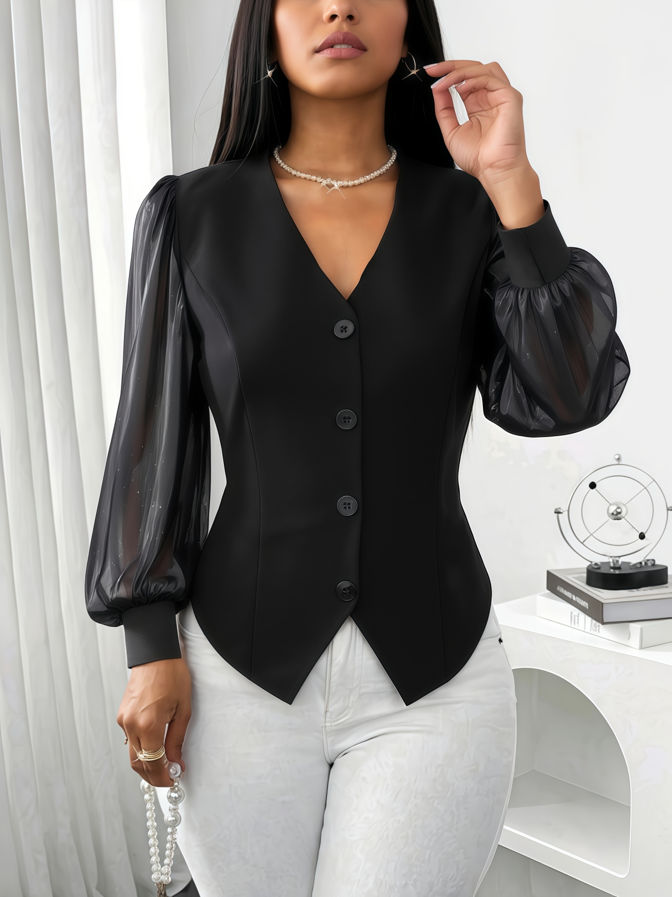 Women's Black Sheer Puff Sleeve V-Neck Button-Front Fitted Waist Vest-Style Blouse-Aegean-sea
