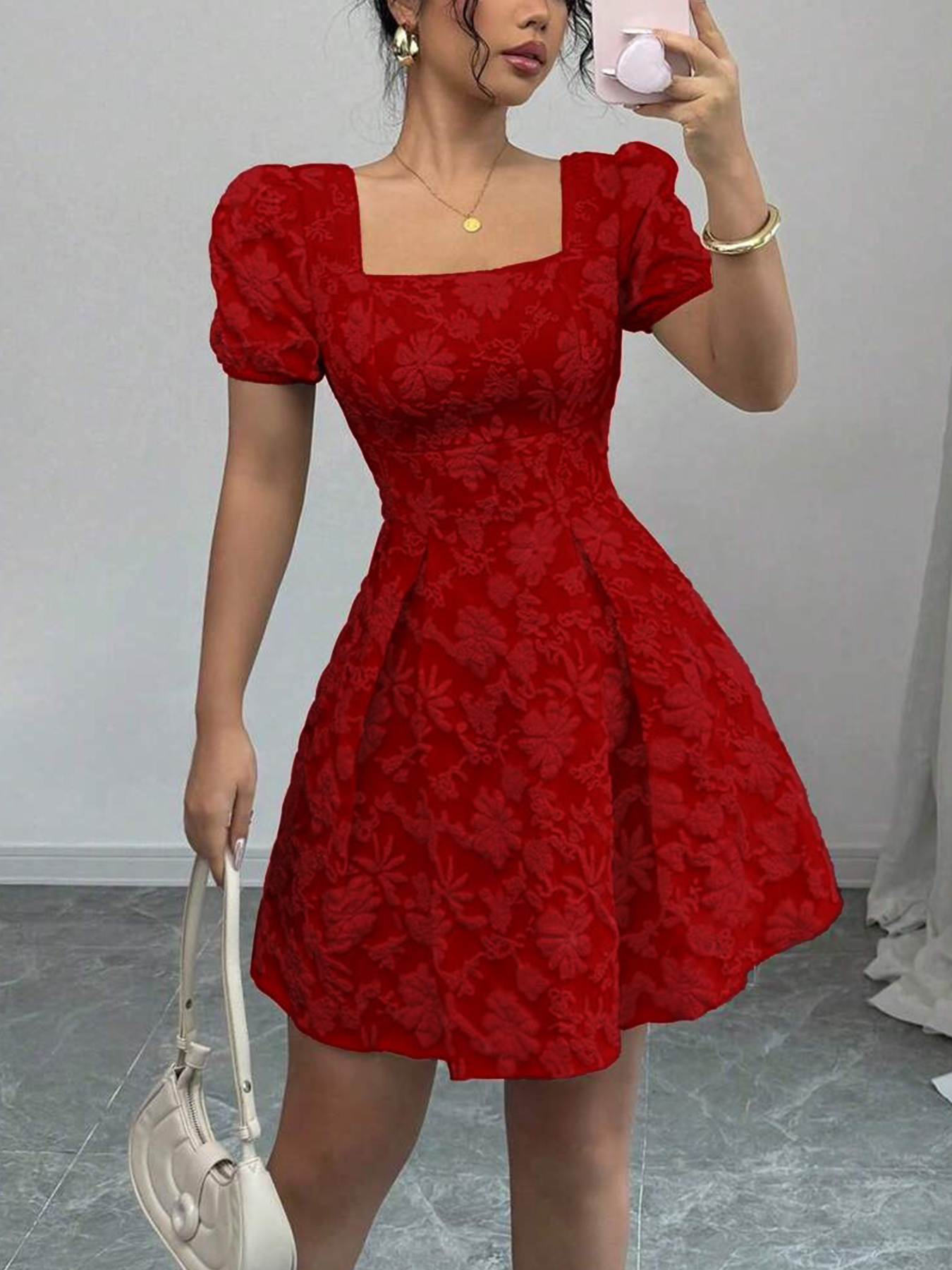 Red square neck floral print puff sleeve dress