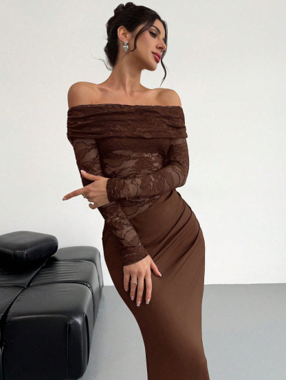 Woman's Chocolate Brown Off-Shoulder Lace Long Sleeve Bodycon Maxi Dress