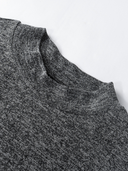 Fitted Gray Marled Knit Top - Bell Sleeves & White Trim Detail