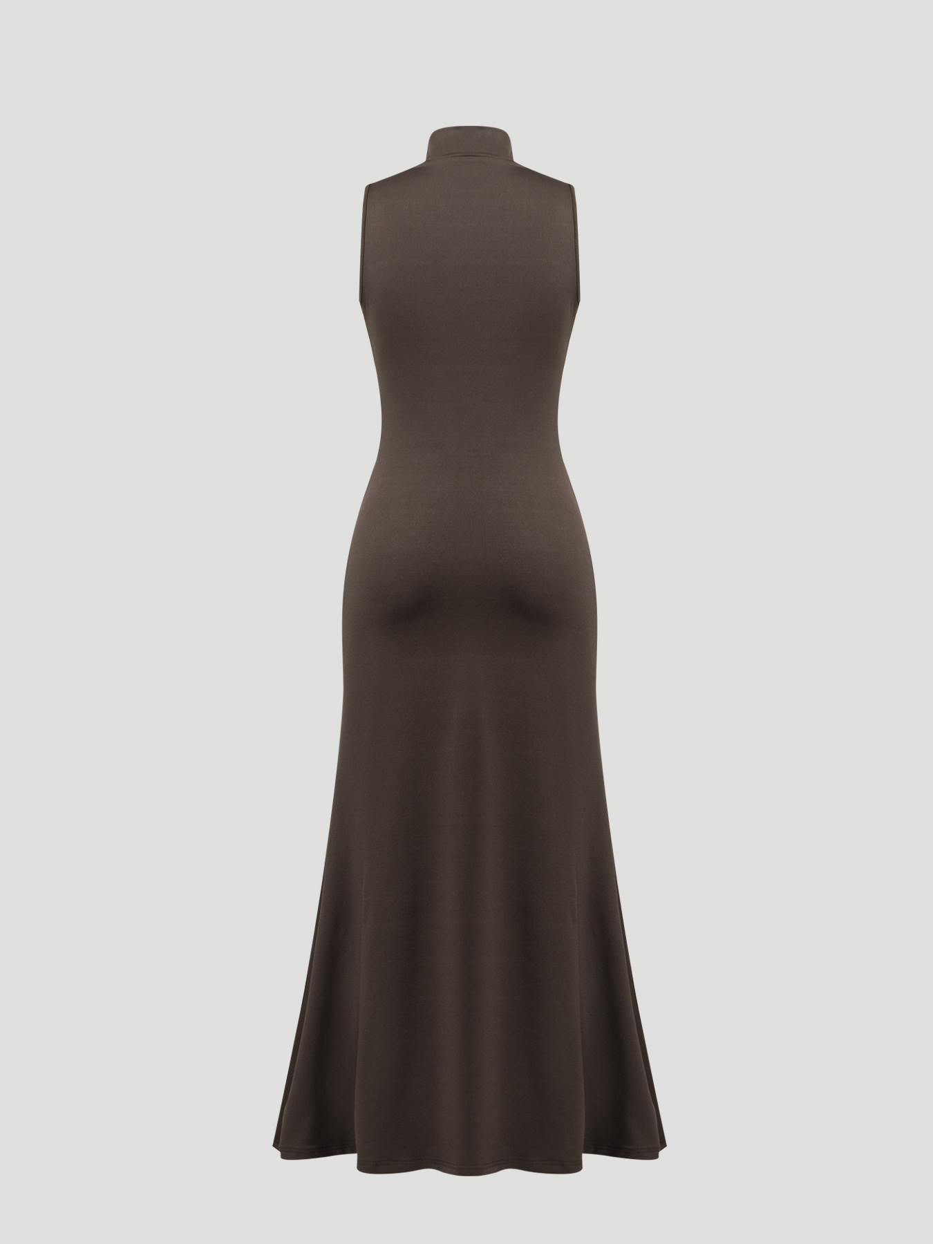 Dark-brown metal collared dress woman, slim-waisted long skirt with tight hips