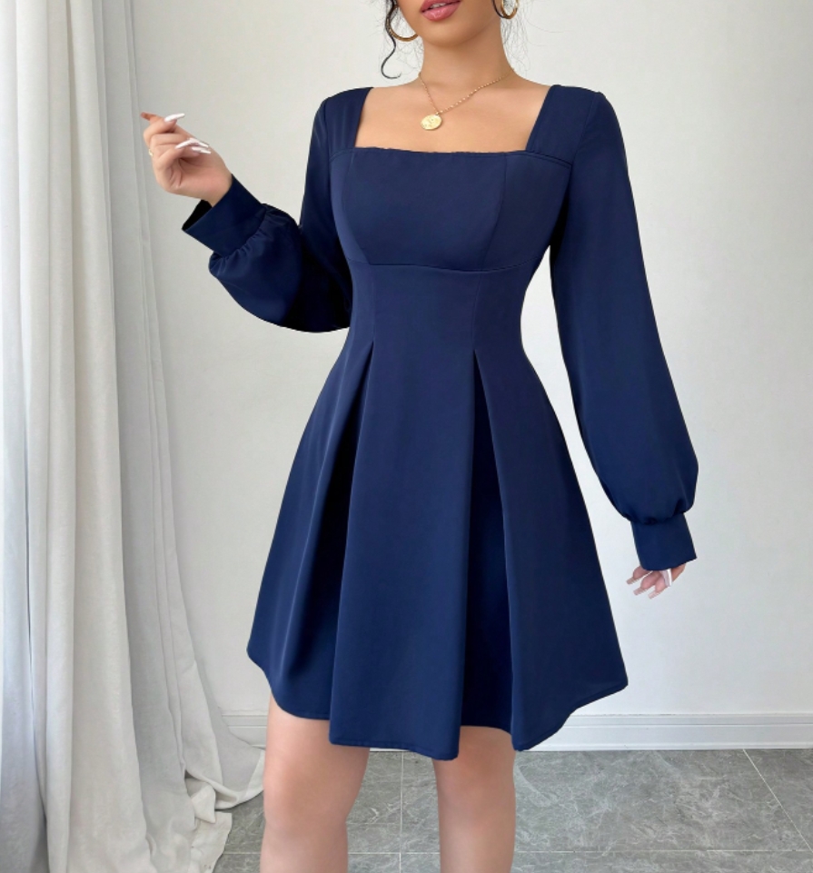 Woman's Navy Blue Square Neck Long-Sleeve Fit-and-Flare Mini Dress-Aegean-sea