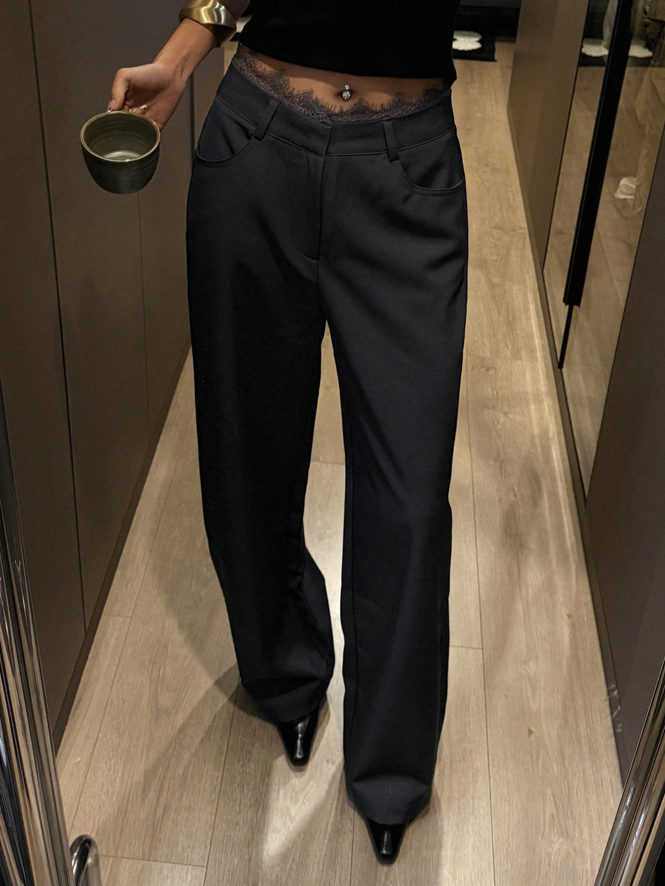 hot girl style high-waisted wide-legged pants. Lace-waisted work suit pants. Thin-looking charcoal-black pants.-Aegean-sea