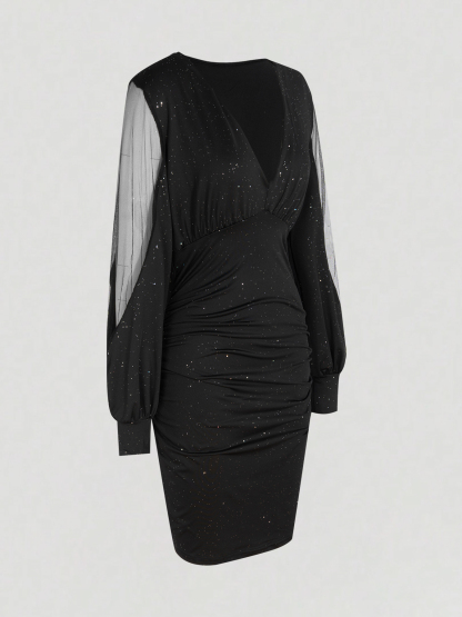 Black Mesh Minidress with Long-Sleeve Spangled and Women‘s Bodysuit-Aegean-sea