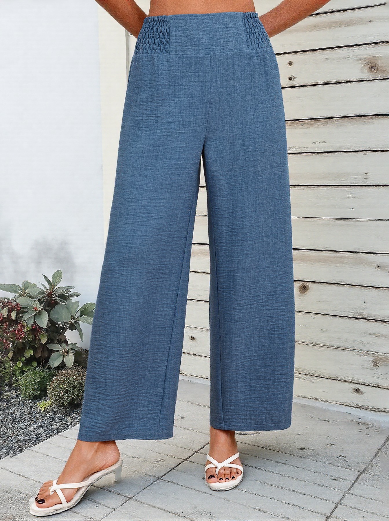 Women's Blue Smocked Waist Wide Leg Pants