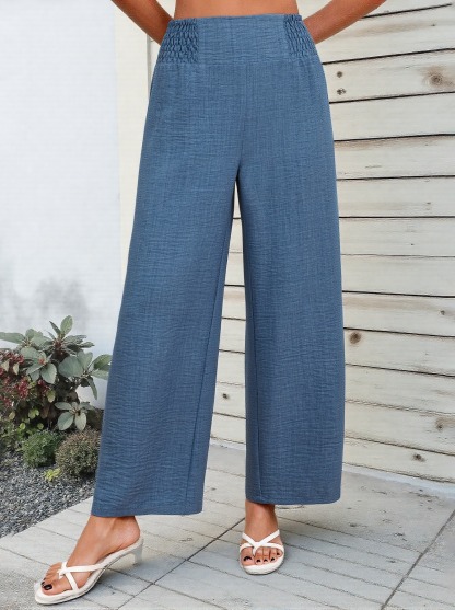 Women's Blue Smocked Waist Wide Leg Pants