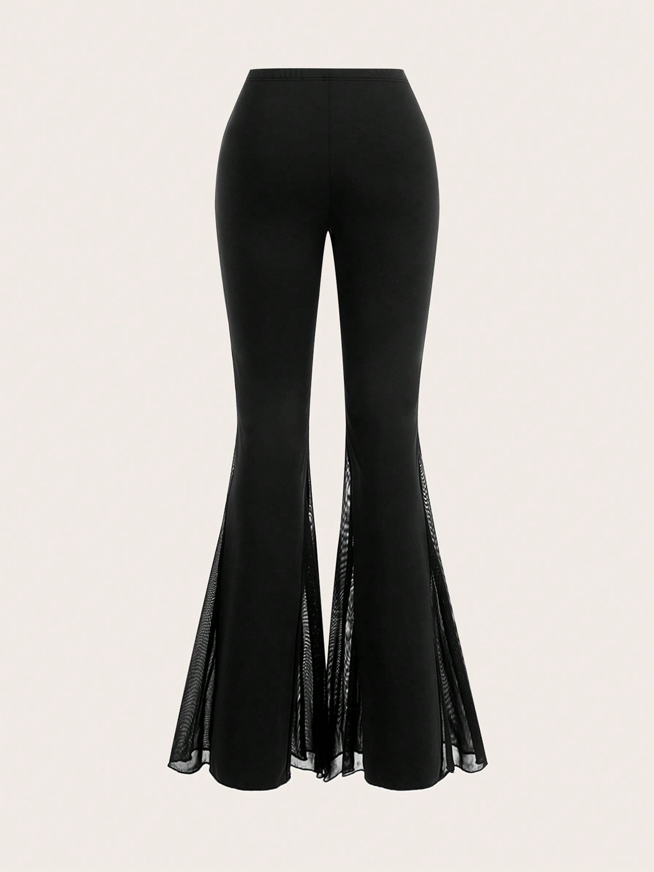 Women's Black High-Waisted Flare Pants with Mesh Panel Detailing-Aegean-sea