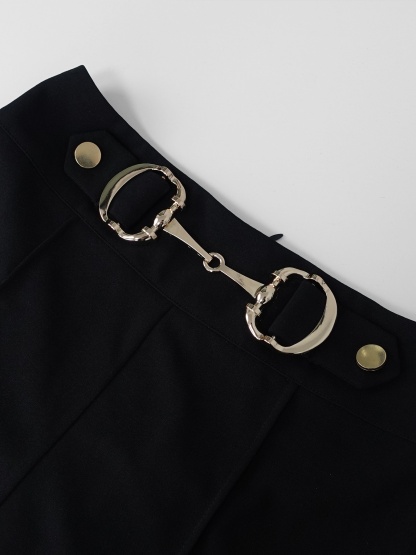 Black High-Waisted Wide Leg Pants with Gold Buckle Detail-Aegean-sea
