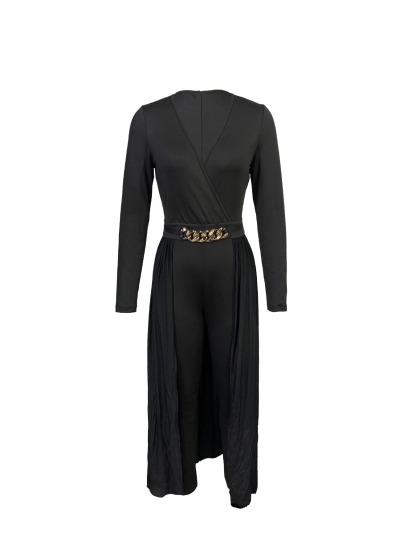 Women's Black Deep V-Neck 3/4 Sleeve Jumpsuit with Chain Belt and Chiffon Overlay-Aegean-sea