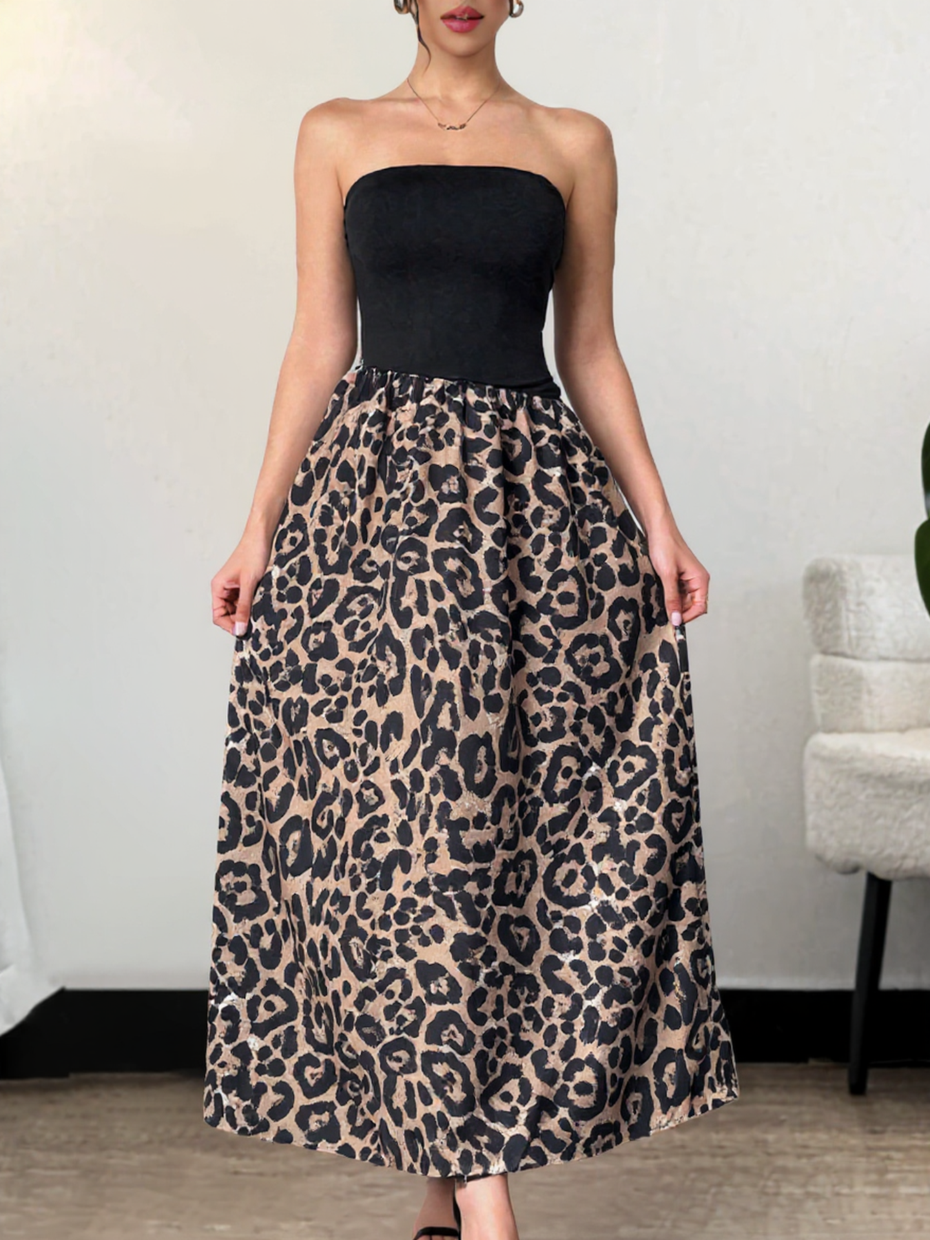 Woman's Black Strapless & Leopard Print Sequin Maxi Dress-Aegean-sea