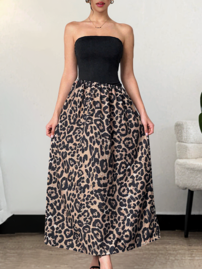 Woman's Black Strapless & Leopard Print Sequin Maxi Dress-Aegean-sea