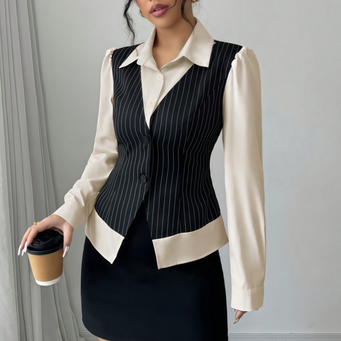 Woman's Black Pinstripe Vest & Cream Shirt Two-in-One Top