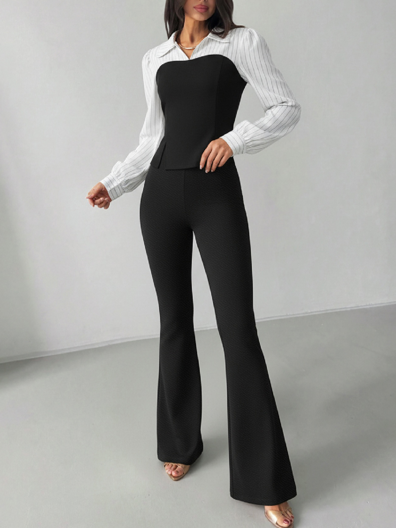 Woman's White Striped Sleeve Bustier Top & Black High-Waisted Flared Pants Two-Piece Set-Aegean-sea