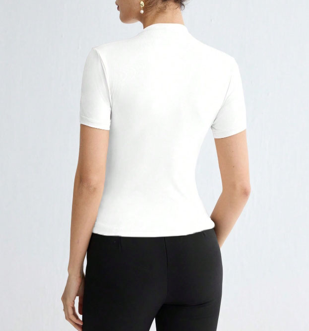 Woman's White Mock Neck Short Sleeve Pearl-Embellished Shoulder Fitted Top-Aegean-sea