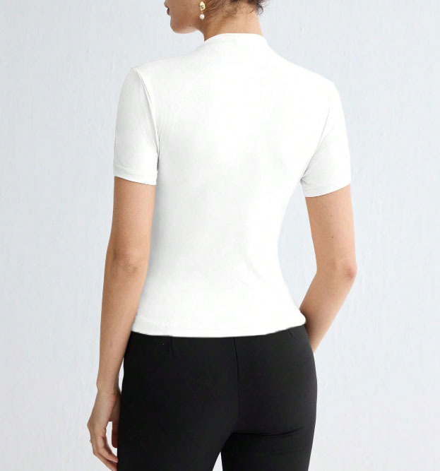 Woman's White Mock Neck Short Sleeve Pearl-Embellished Shoulder Fitted Top-Aegean-sea