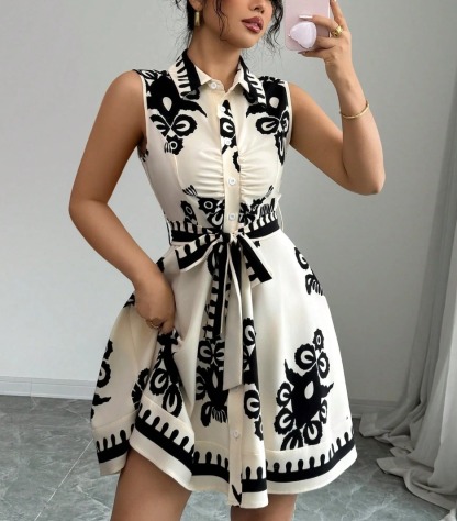 Woman's Vintage Vacation Style Black & White Print Dress: Sleeveless Shirt Collar Waist-Fitted Tie-Waist Mini Dress