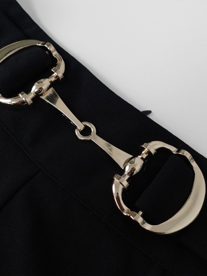 Black High-Waisted Wide Leg Pants with Gold Buckle Detail-Aegean-sea