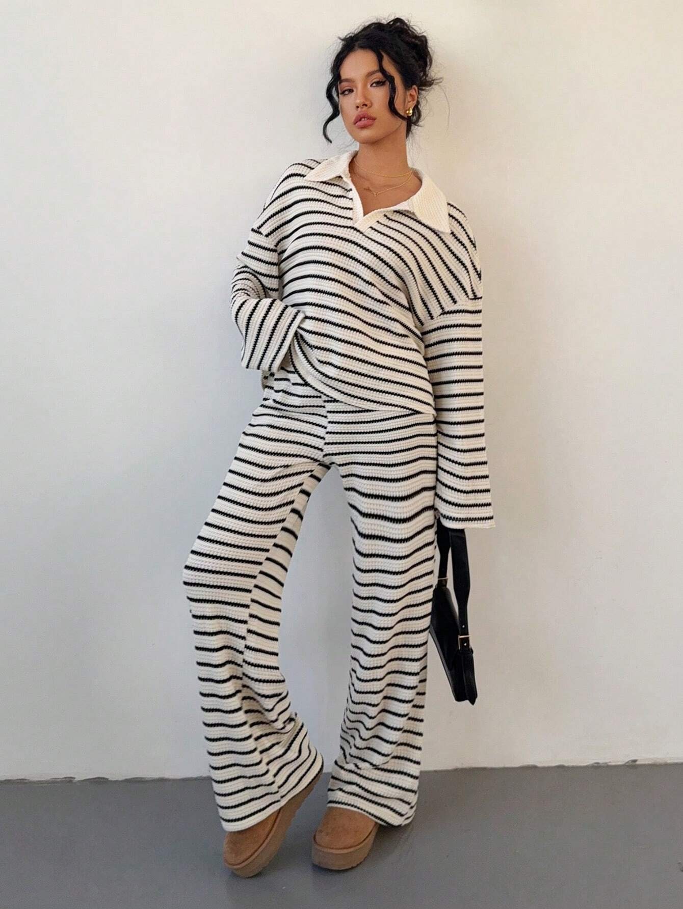 Black and white striped suit Polo collar long-sleeved shirt, wide-legged trousers two sets for casual commute