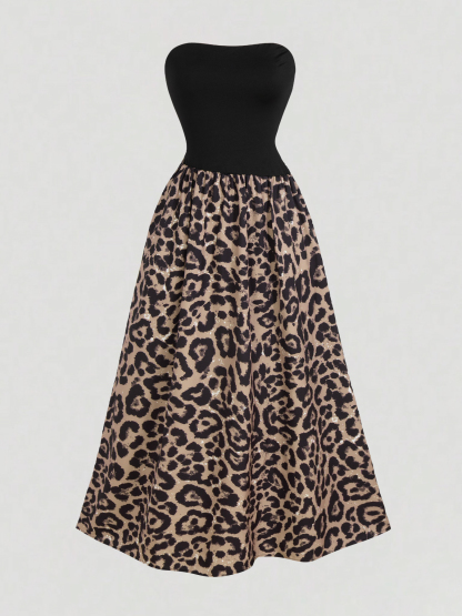 Woman's Black Strapless & Leopard Print Sequin Maxi Dress-Aegean-sea