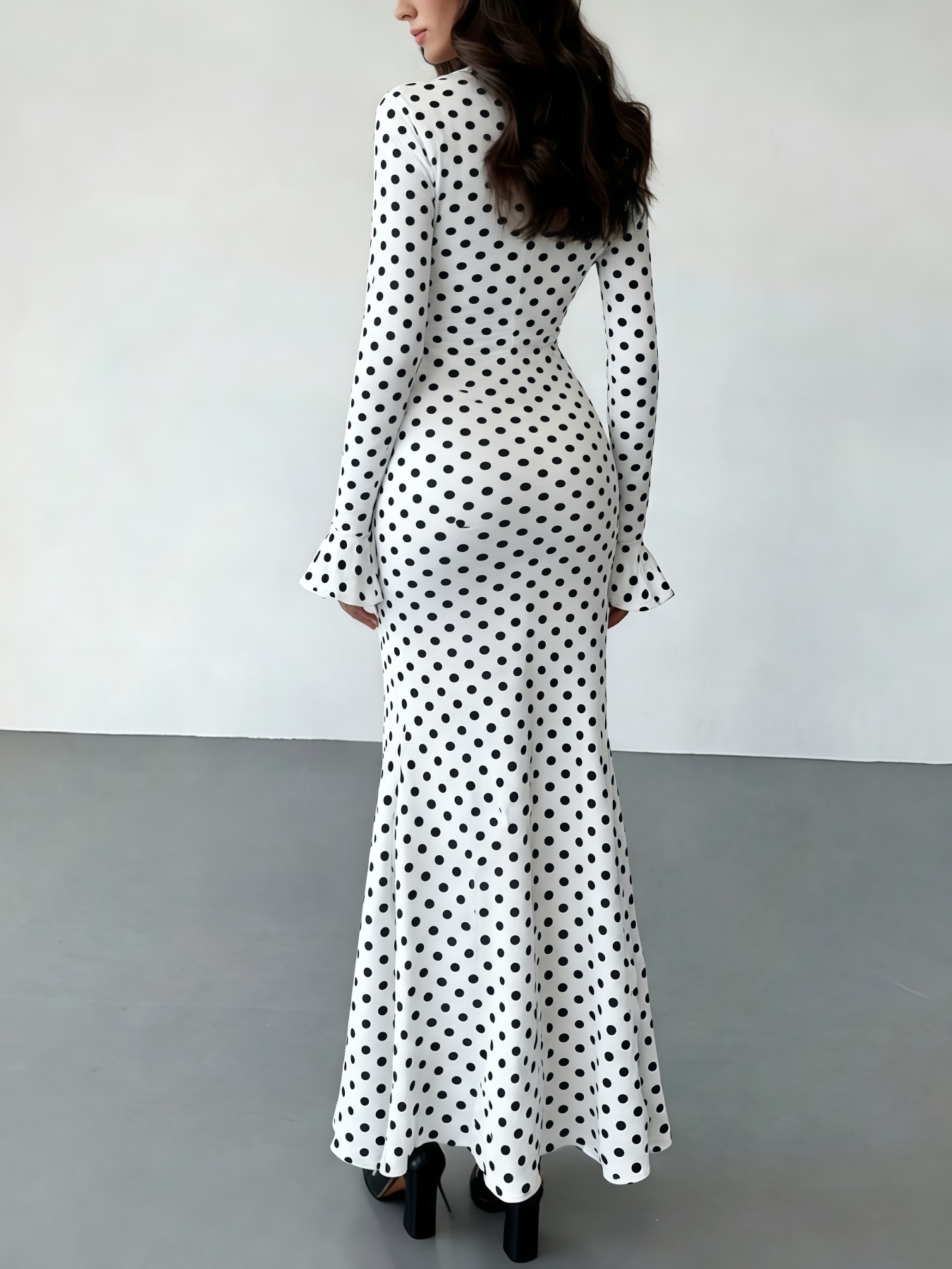 Woman's Black & White Polka Dot V-Neck Bell-Sleeve Tie-Waist Slit Maxi Dress-Aegean-sea
