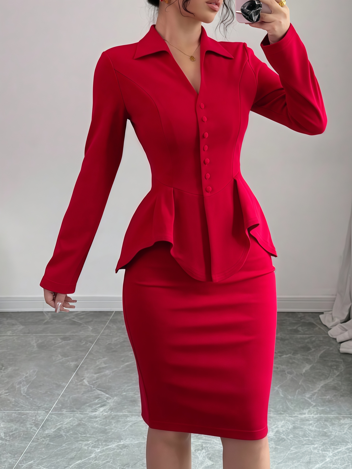 Red Peplum Blazer and Bodycon Medium Skirt Set for Women-Aegean-sea