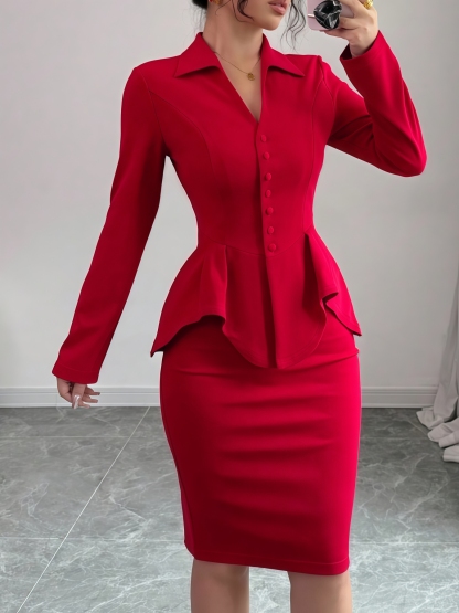 Red Peplum Blazer and Bodycon Medium Skirt Set for Women-Aegean-sea