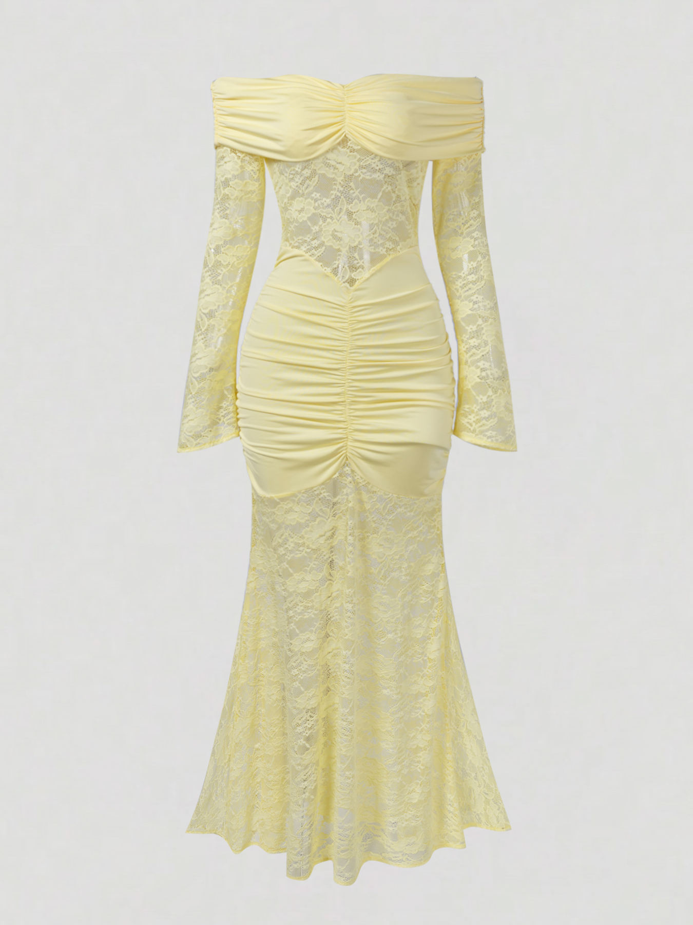 Woman's Light Yellow Off-Shoulder Lace Mermaid Dress
