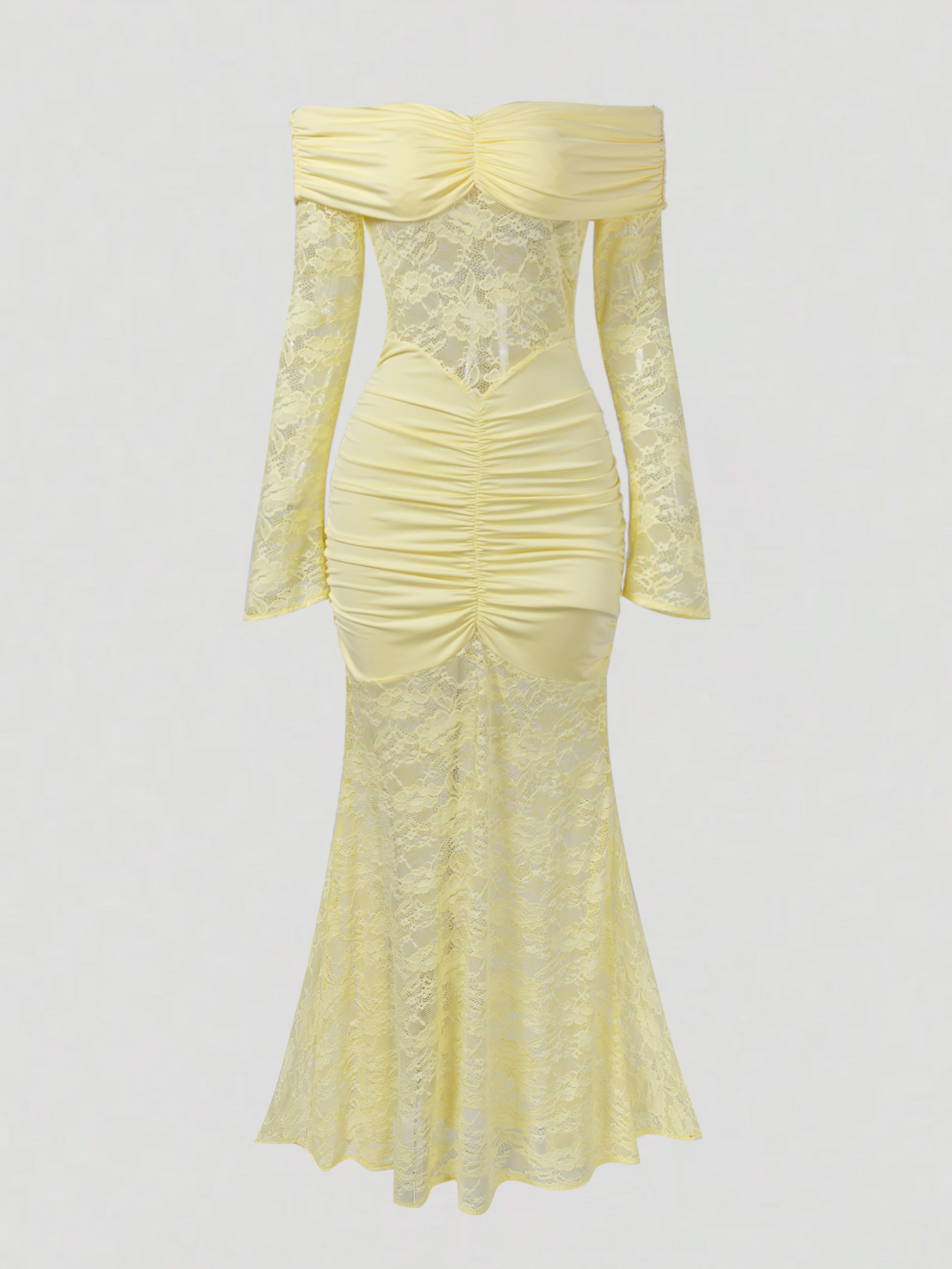 Woman's Light Yellow Off-Shoulder Lace Mermaid Dress