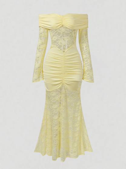 Woman's Light Yellow Off-Shoulder Lace Mermaid Dress