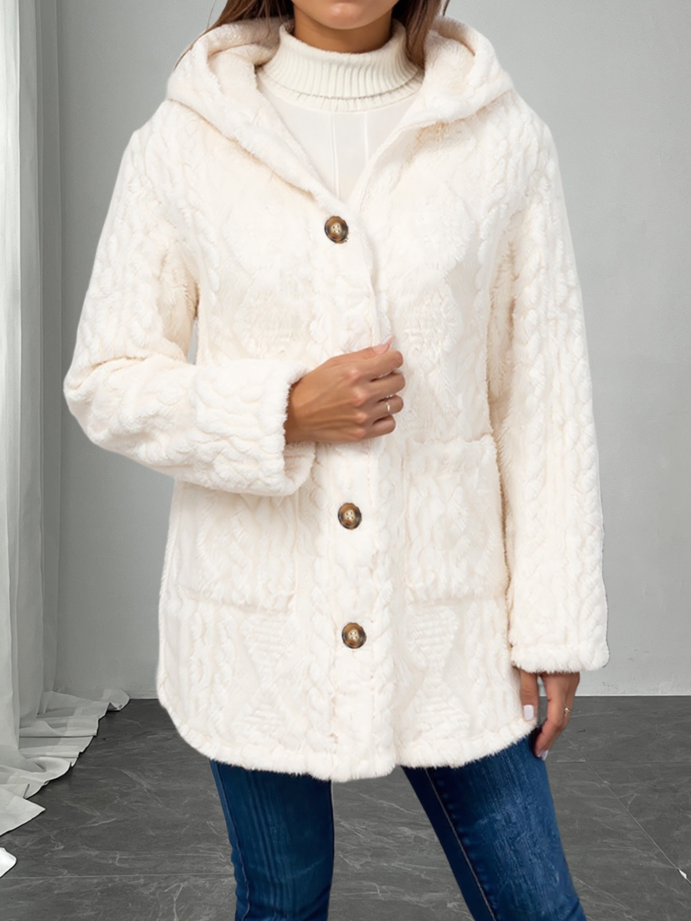 Woman's Cream Faux Fur Hooded Coat with Cable Knit Texture & Metal Buttons-Aegean-sea