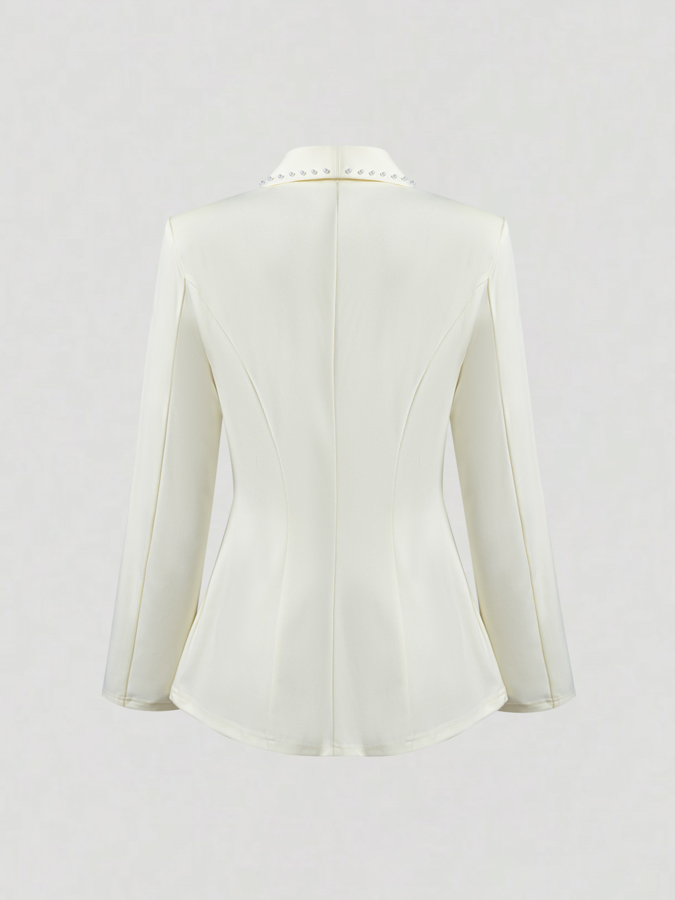 Elegant Cream Fitted Blazer with Pearl-Trimmed Lapel & Slim Waist-Aegean-sea