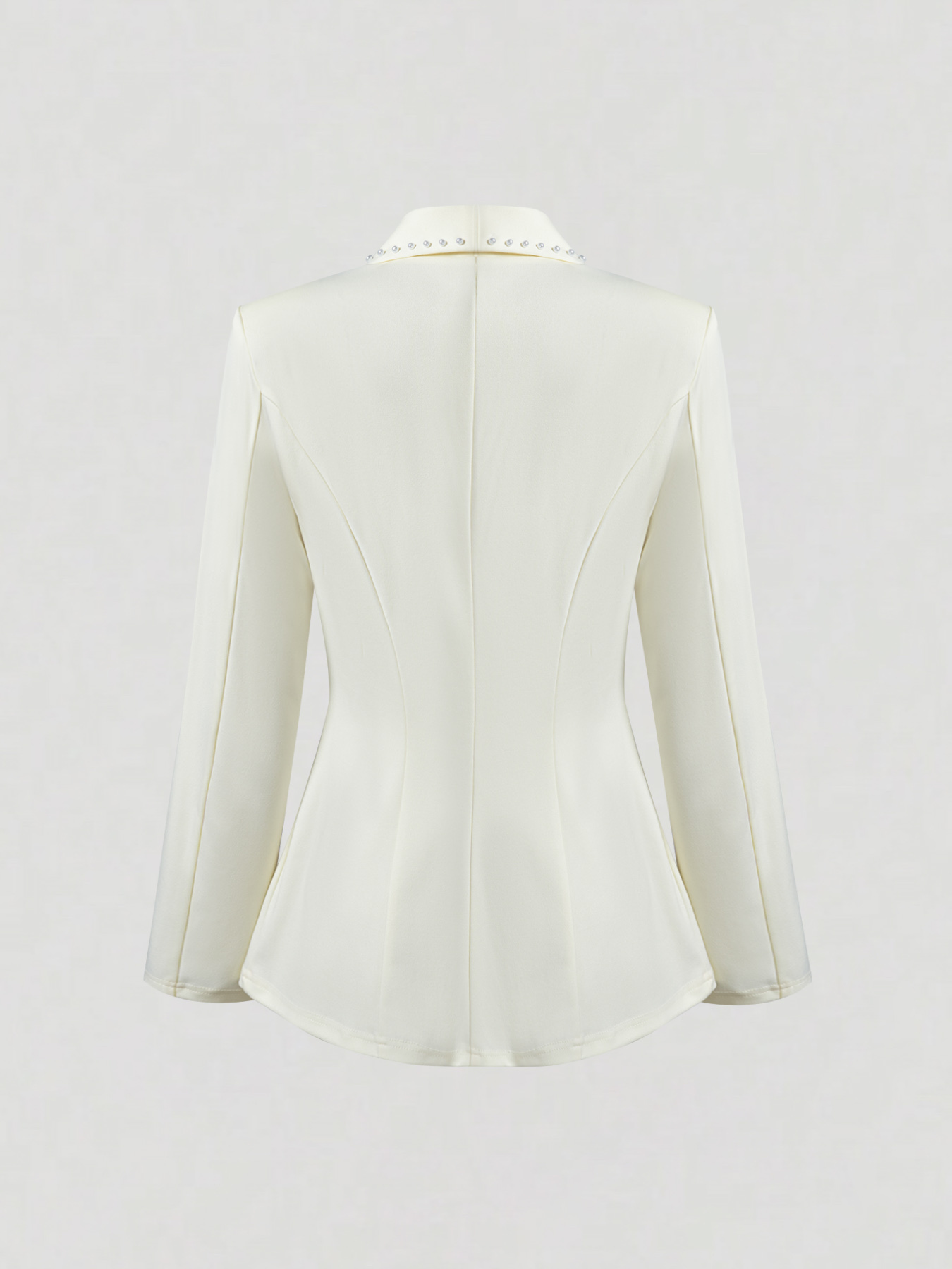 Elegant Cream Fitted Blazer with Pearl-Trimmed Lapel & Slim Waist-Aegean-sea