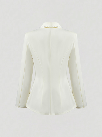 Elegant Cream Fitted Blazer with Pearl-Trimmed Lapel & Slim Waist-Aegean-sea
