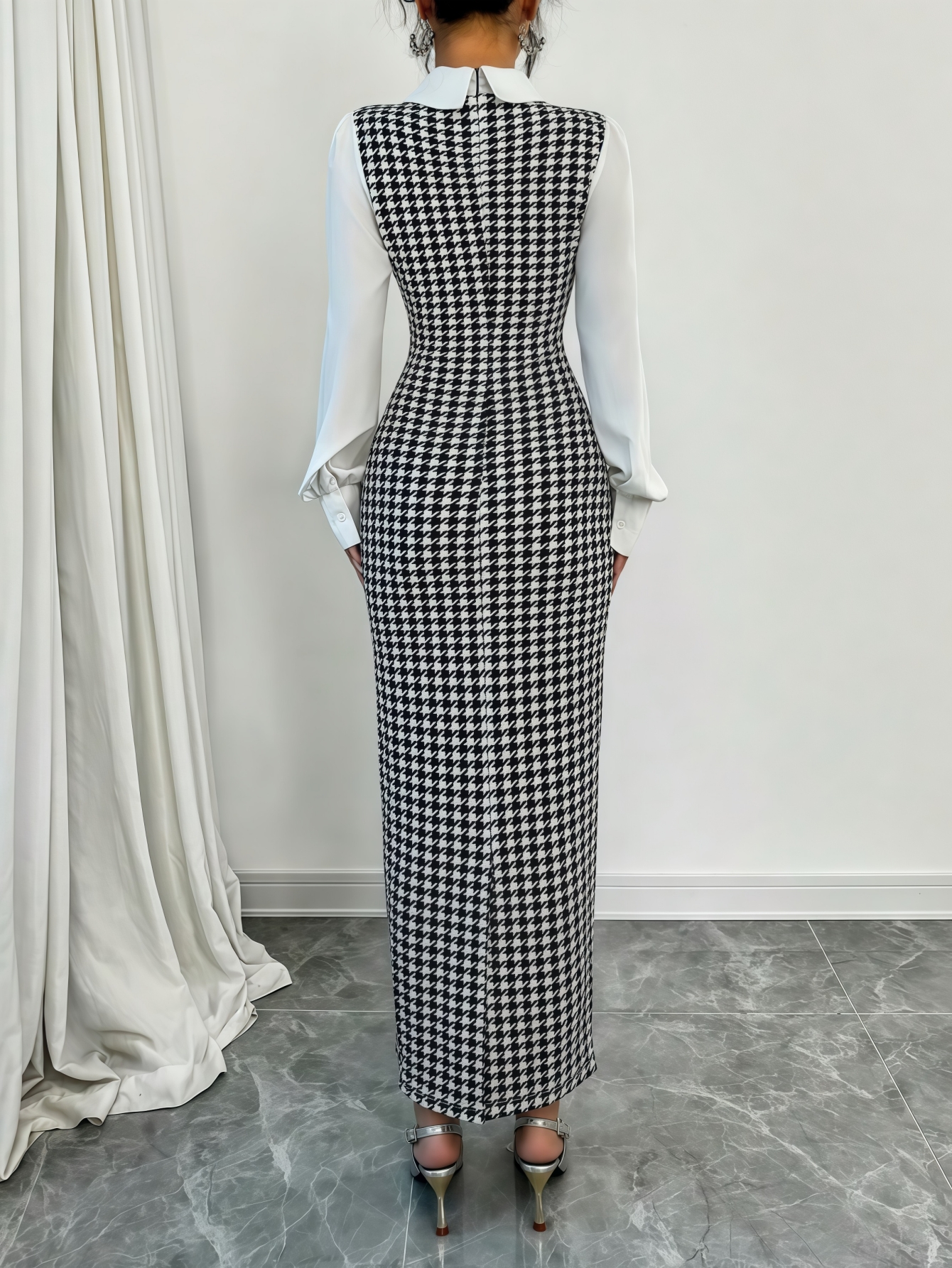 Woman's Black & White Houndstooth Two-In-One Dress | White Shirt Collar Puff Sleeve Fitted Maxi Office Dress-Aegean-sea