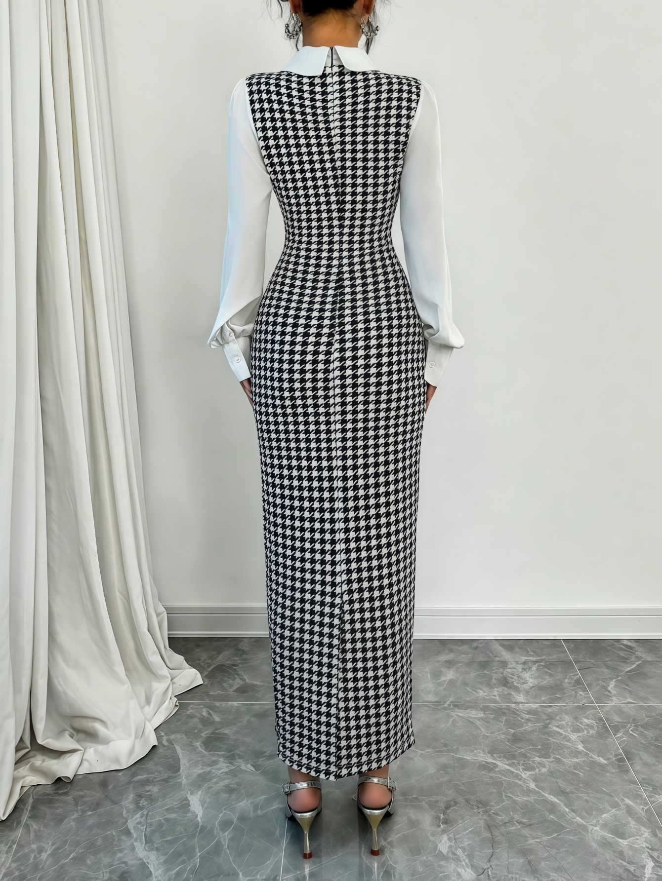 Woman's Black & White Houndstooth Two-In-One Dress | White Shirt Collar Puff Sleeve Fitted Maxi Office Dress-Aegean-sea