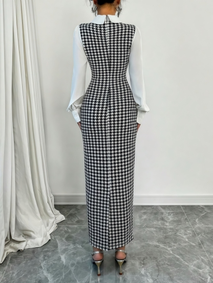 Woman's Black & White Houndstooth Two-In-One Dress | White Shirt Collar Puff Sleeve Fitted Maxi Office Dress-Aegean-sea