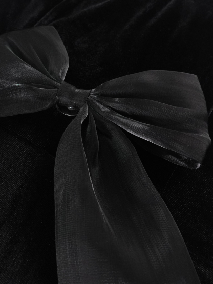 Women's Black Velvet Sweetheart Neck Maxi Dress with Lace Slit and Bow Detail-Aegean-sea