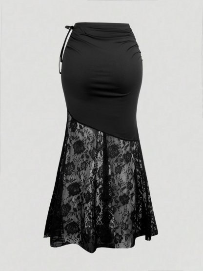 Falda midi de sirena para mujer con panel de encaje y corbata lateral con volantes Traje de noche elegante-Aegean-sea