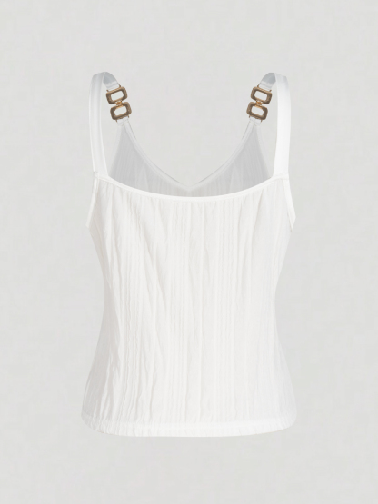 Women's White Textured Cami Top with Metal Chain Strap Detail-Aegean-sea