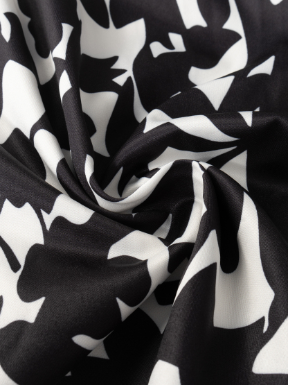 Women's Black and White Floral Print Belted Kimono-Style Blouse-Aegean-sea