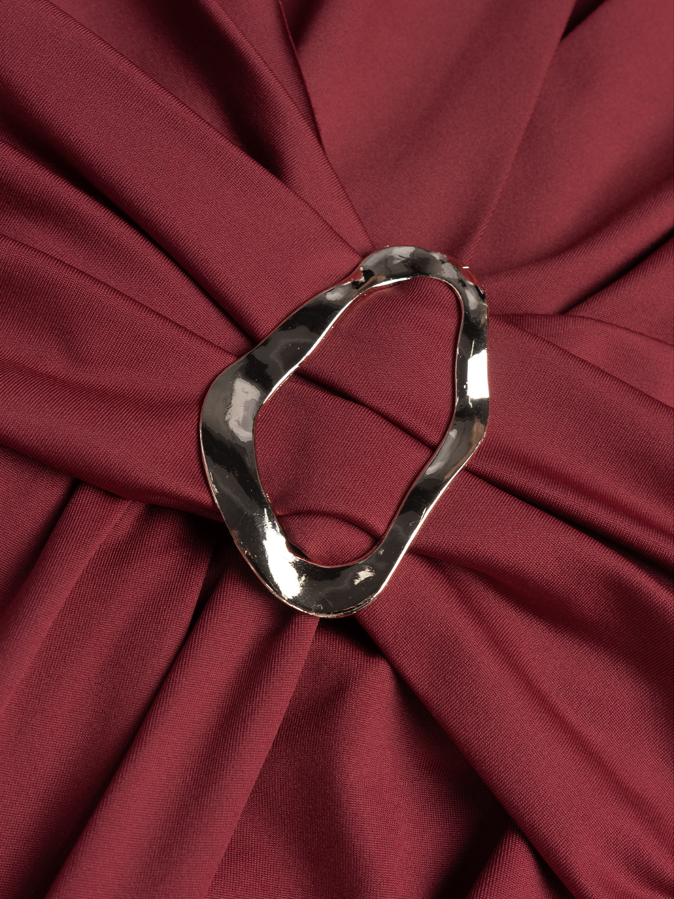 Woman's Burgundy Deep V Ruched O-Ring High Slit Dress-Aegean-sea