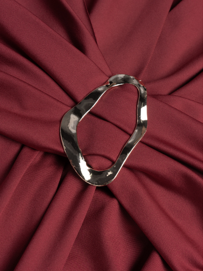 Woman's Burgundy Deep V Ruched O-Ring High Slit Dress-Aegean-sea