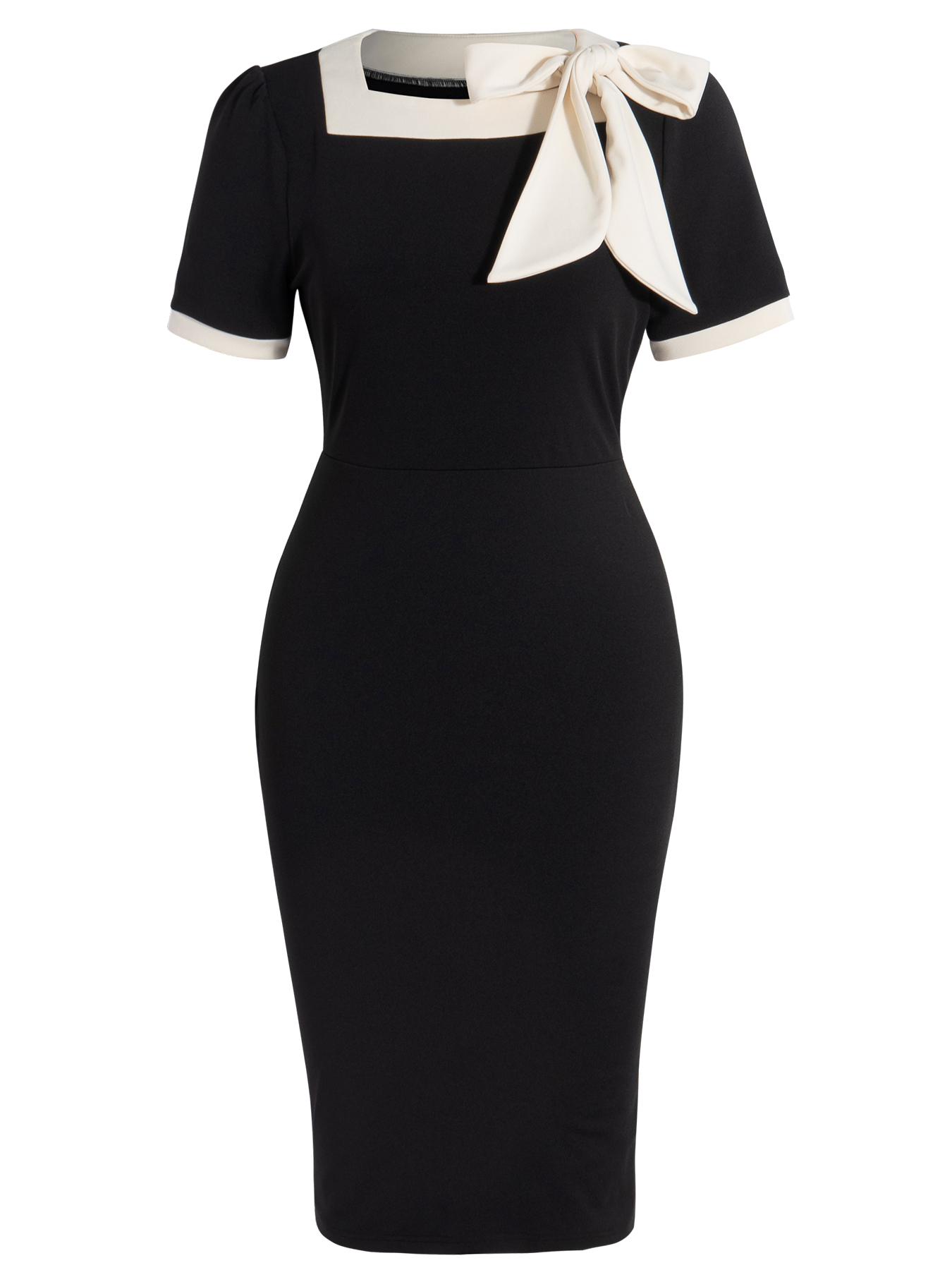 Woman's Vintage Elegant Style Black & White Dress: Bow Paneled Fitted Office Elegant Dress