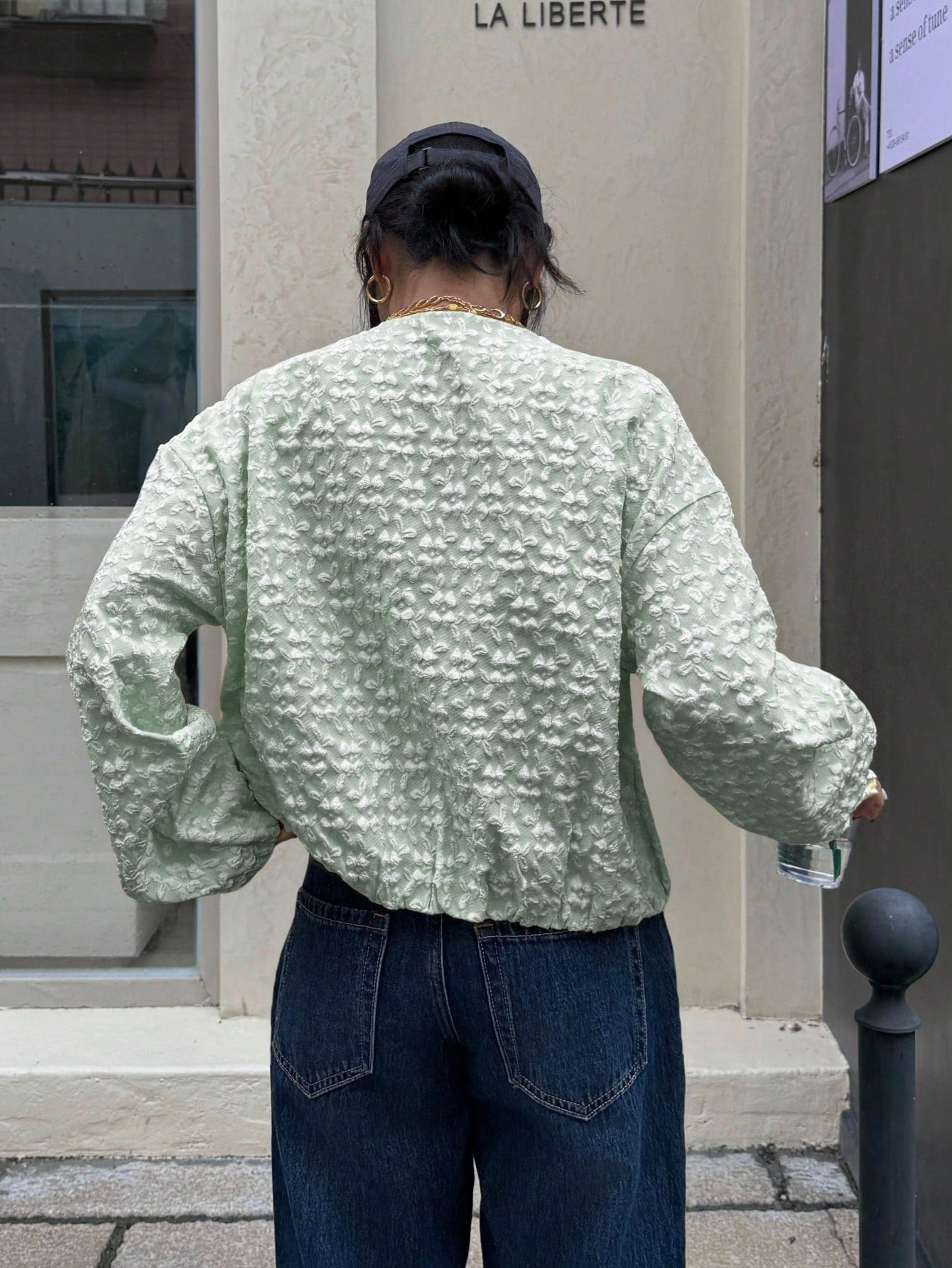 Light Green Textured Floral Puff Sleeve Zip-Up Jacket-Aegean-sea