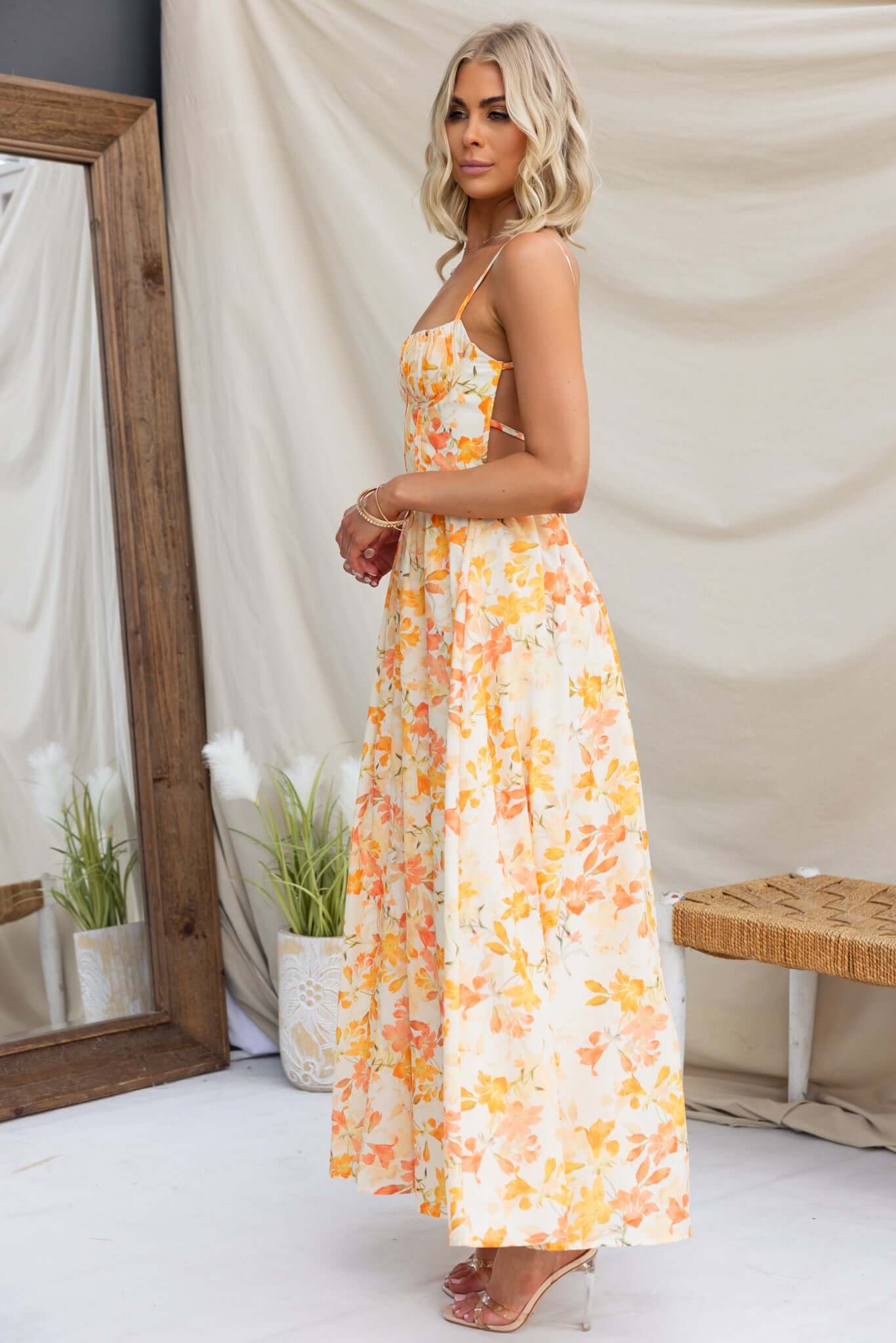 Women's Spaghetti Strap Floral Print Maxi Dress - Sweetheart Neck Corset Bodice A-Line Dress