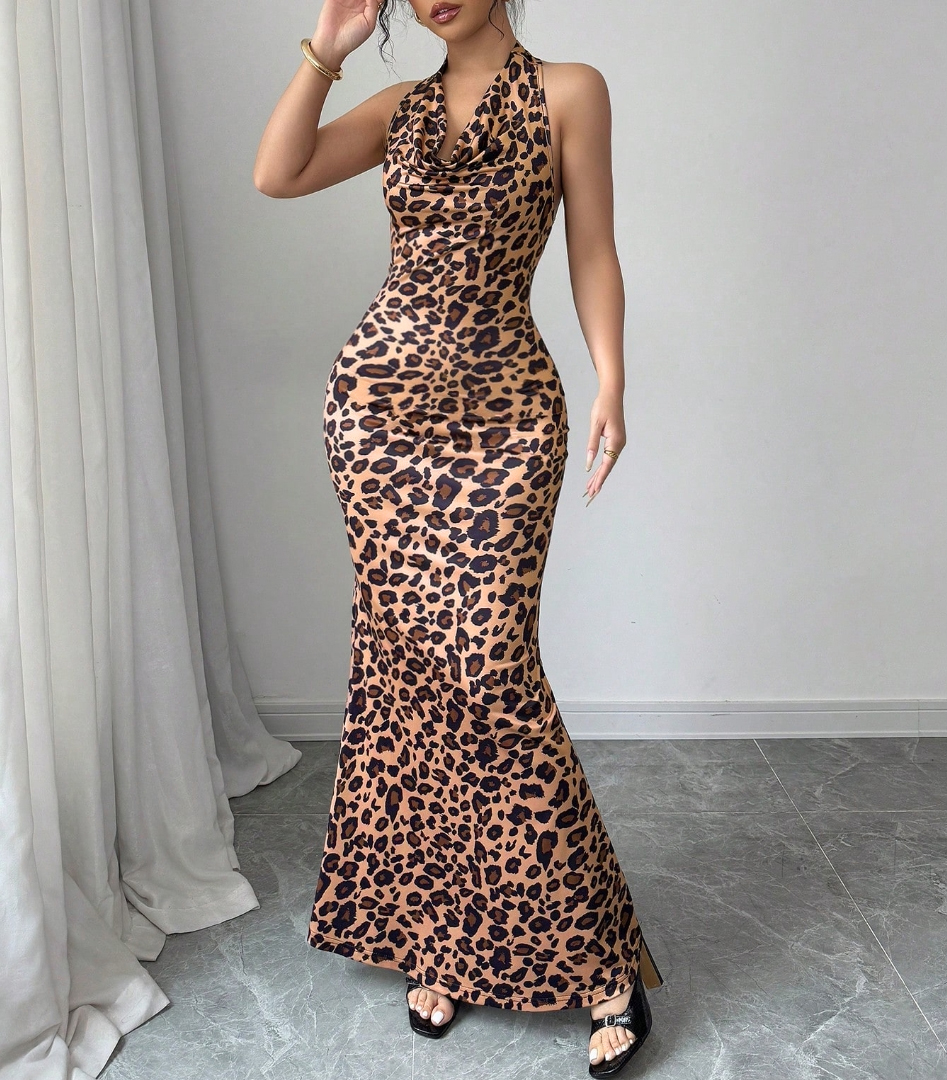 Vestido Maxi de sirena sin espalda con tirantes de estampado de leopardo salvaje vintage para mujer-Aegean-sea