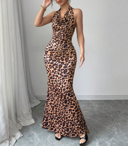 Vestido Maxi de sirena sin espalda con tirantes de estampado de leopardo salvaje vintage para mujer-Aegean-sea