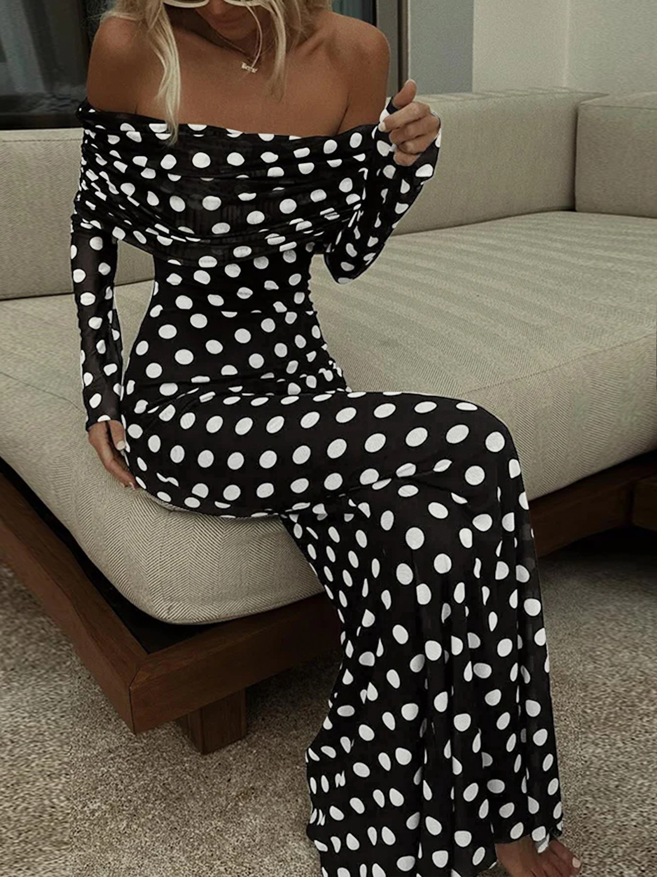 Woman's Off-the-Shoulder Long-Sleeve Polka Dot Maxi Dress-Aegean-sea