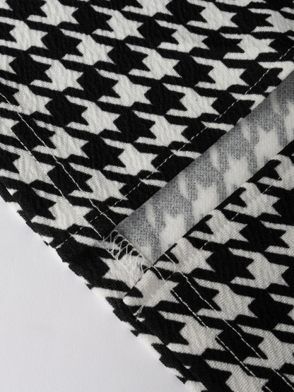 Woman's Black & White Houndstooth Two-In-One Dress | White Shirt Collar Puff Sleeve Fitted Maxi Office Dress-Aegean-sea