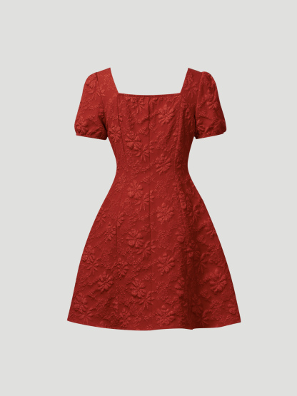Red square neck floral print puff sleeve dress